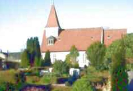 Kirche Treia eingerahmt von Bäumen. 